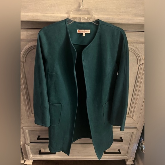 Jude Connally Faux Suede Emerald Green Long Open Front Birdie Jacket - Picture 4 of 9
